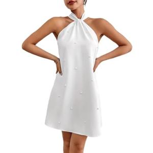 Women's Pearl Beaded Halter Twist Sleeveless Tie Back Dress Cocktail Mini Dress White M