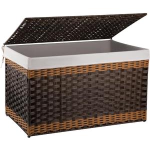 OIAHOMY Storage Basket with Lid, 42.3 Gallon (160L) Blanket Basket with Removable Liner Bag, Synthetic Wicker Hamper with Handle, Foldable, Hamper for Living Room, Brown