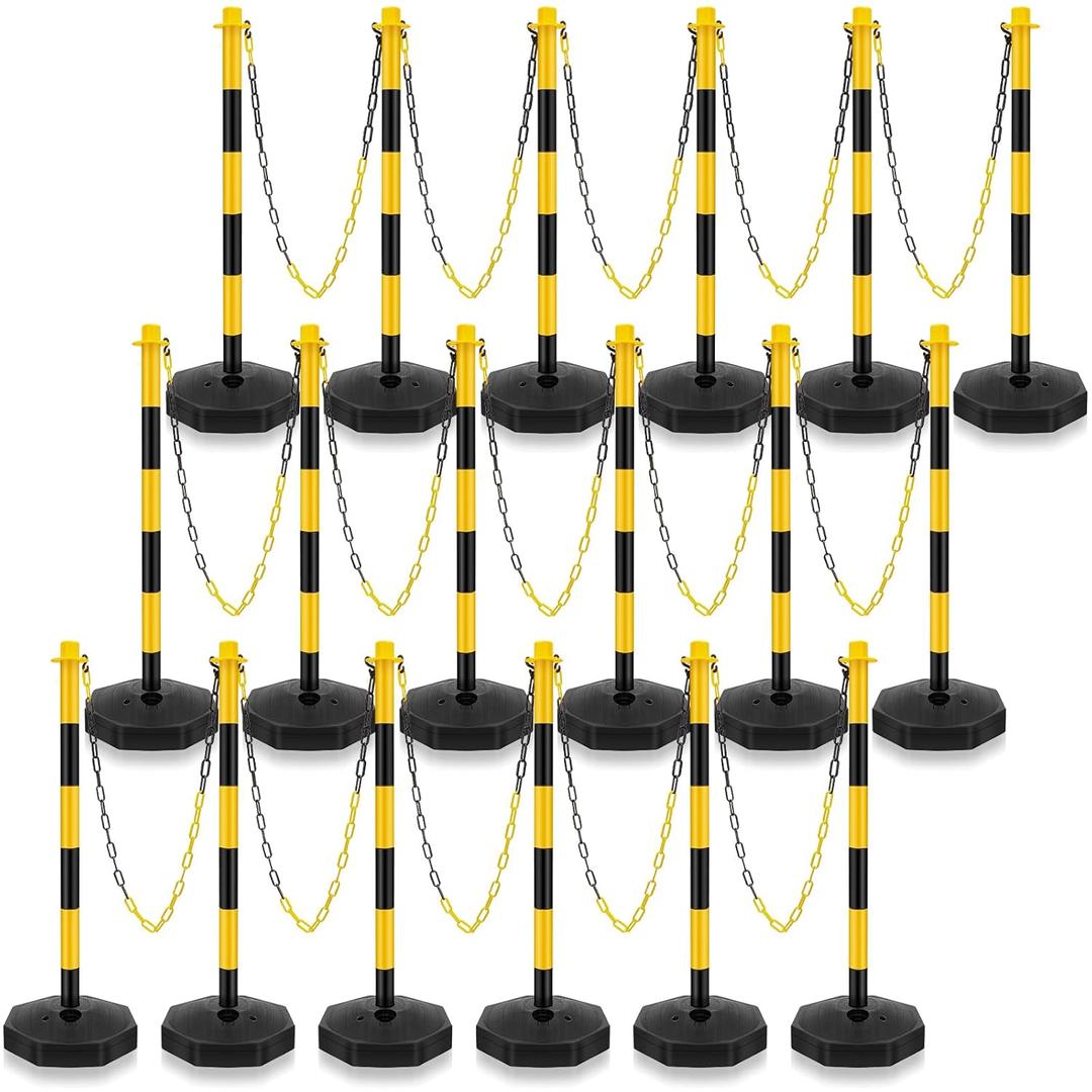 Konohan 18 Sets 34 Inch Parking Cone Delineators Post Traffic Cone Plastic Stanchion Set Stands Parking Barrier with Base 6.6 ft Chain S Hooks Reflective Collar (Yellow,Black)