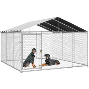 DWVO 14.8'x14.8' Large Outdoor Dog Kennel with Roof, Dog Pens Outside with Metal Dog Gate, Dog House Large Dogs for Yard