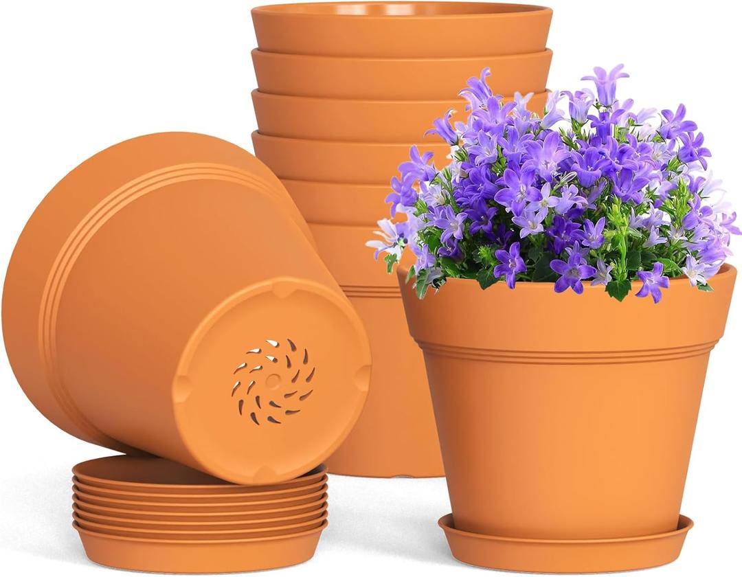 4 Inch Plastic Plant Pots with Drainage Holes and Trays  8 Pack Small Nursery Pots for Indoor & Outdoor House Plants and Flowers, Seedling Starter Planters, Terracotta