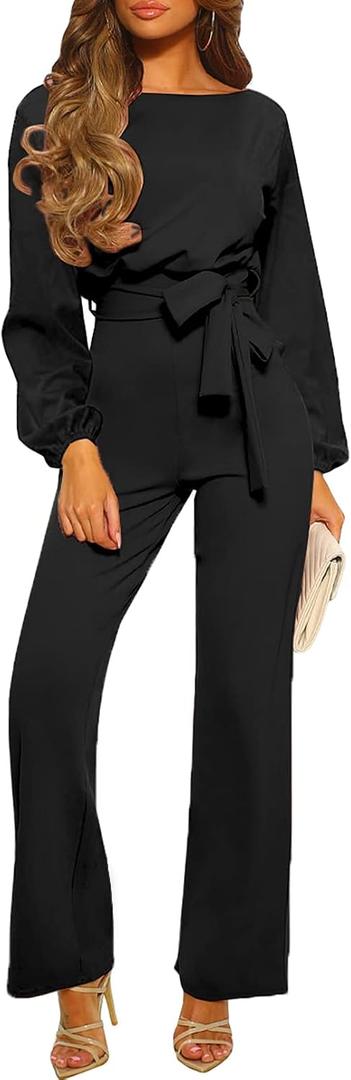 Happy Sailed Womens Formal Belted Jumpsuit Elegant Wide Long Pants Romper Classic Crew Neck Long Sleeve Jumpsuit Black Large