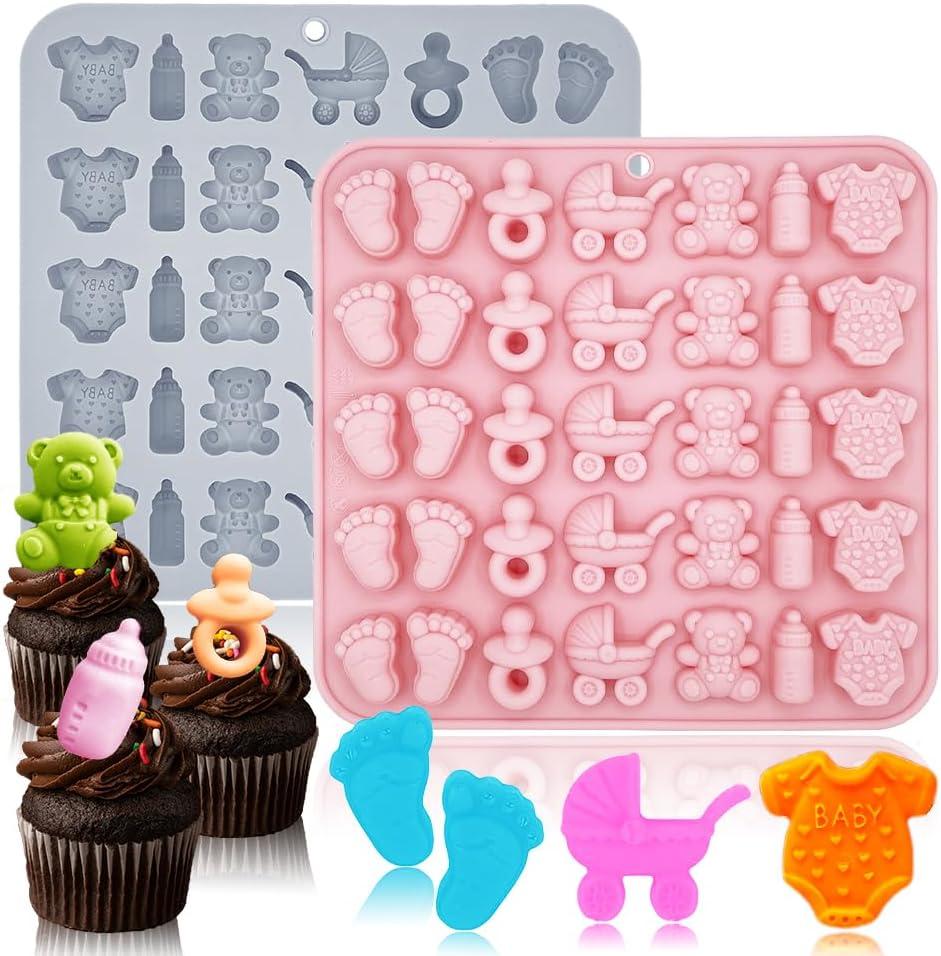 2 Pack Baby Shower Molds Silicone, 35 Cavity Baby Feet Molds with 3D Bottle Pacifier Onesie Carriage Bear Patterns for Baby Shower Party, Birthday, Candy, Chocolate, Cake Decorations Cupcake Topper