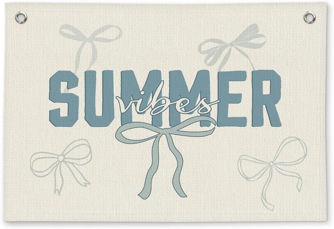 Coastal Preppy Beach Summer Vibes Coquette Minimalist Bow Girls Room Decor - Linen Banner Wall Hanging Canvas Banner Flag Decor for Toddler Girls Dorm Bedroom Nursery Playroom