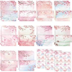 TaoBary 160 Pcs Stationery Paper Set 50 Double Sided Stationery Papers with 50 Matching Envelopes and 60 Round Dot Sticker, 10 Design(Cherry Blossom,8.5 x 11 Inch)