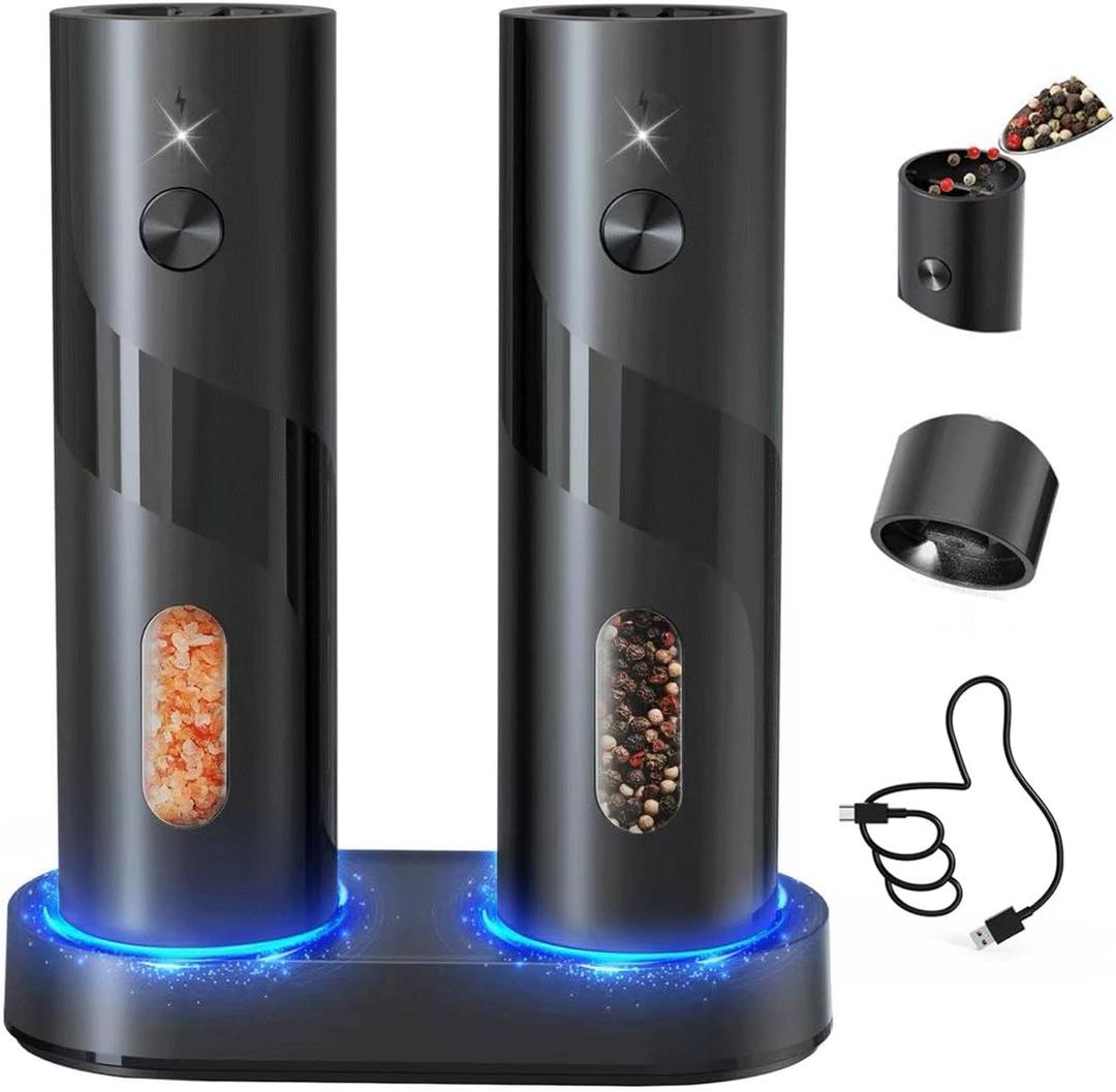 CIRCLE JOY Electric Rechargeable Salt and Pepper Grinder Set Top-Refill Automatic Pepper Mill Grinder with Charging Base, Adjustable Coarseness, Easy Filling Larger Capacity with Led for Home Kitchen (Classic Black)