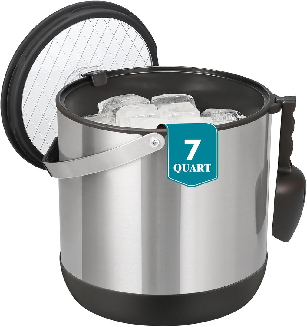 6.8L/7QT Large Insulated Ice Bucket with Lid & Scoop,Double-Wall Ice Bucket for Parties,Cocktail Bar(Black) (EXP 07/16/26)