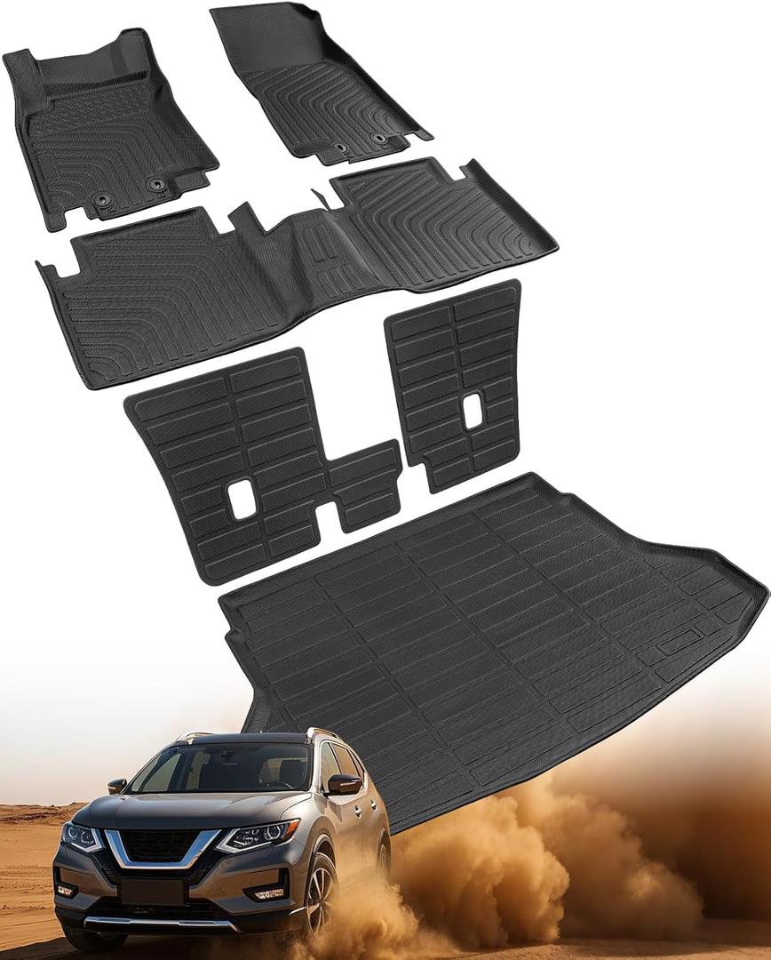 6 Pcs for Nissan Rogue Floor Mats 2014-2020 (Not for Rogue Sport), Full Set Car All Weather Cargo Liners Trunk Back Seat Cover Protector Backrest Carpet Rubber for Rogue Interior Accessories