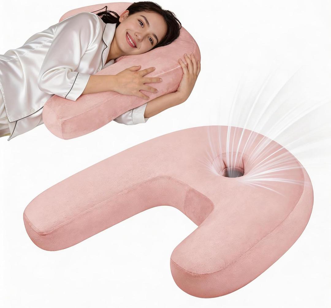 Ear Piercing Pillow - Side Sleeper Body Pillow with Ear Hole for Pain Relief, J-Shaped Ergonomic Support, 20x26 Inches (Pink)