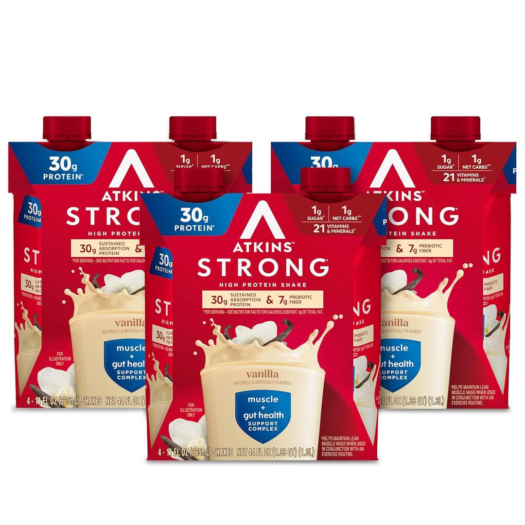Atkins Strong High Protein Shake, Vanilla Flavored, 30g Protein, Low Carb and Low Sugar Shake, Keto Friendly, Gluten Free, Muscle and Gut Health Support Complex, 12 Count (EXP 05/02/27)