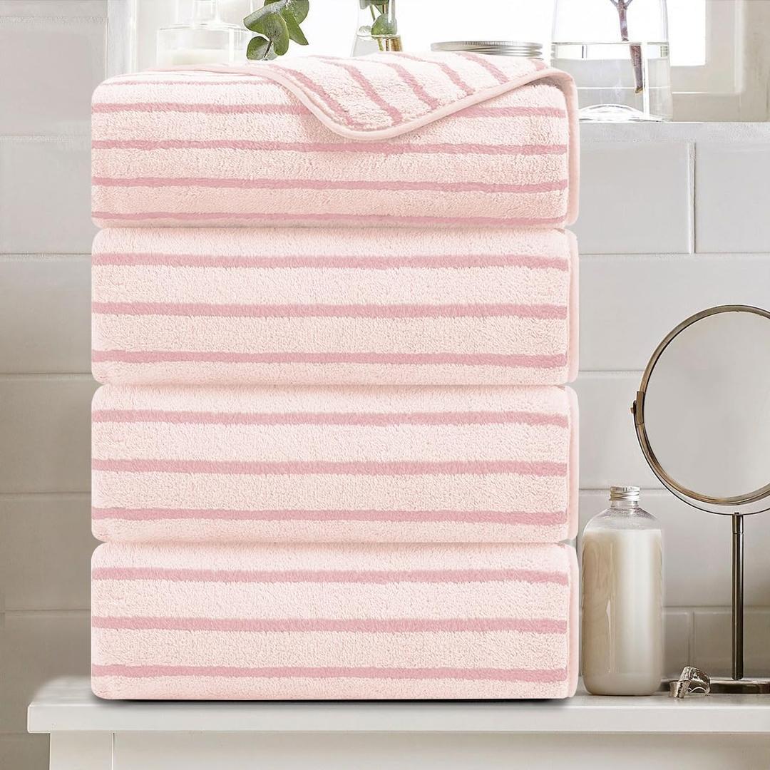 4 Piece Pink Cabana Stripe Large Bath Towels 35"x70" Oversized Bath Sheet Super Soft Breathable Jumbo Bathroom Towels Highly Absorbent Shower Towel Quick Dry Beach Chair Towel Spa Gym Hotel Towel Set