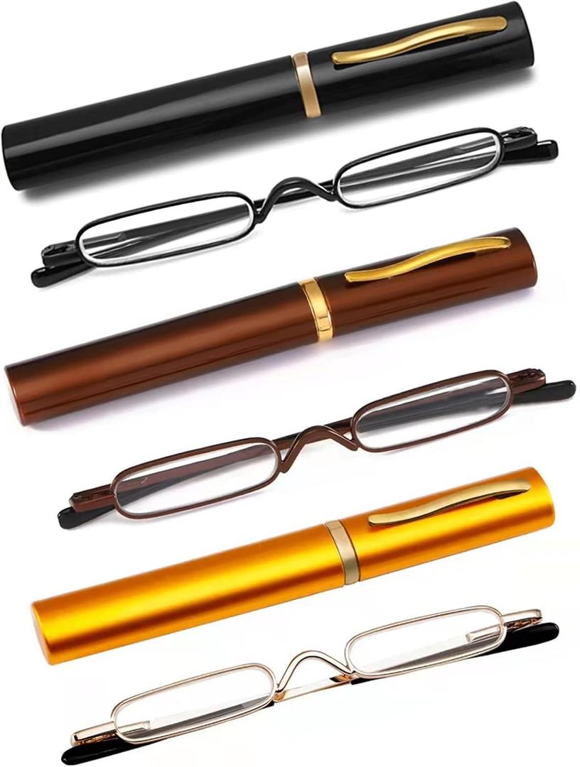 3 Pack Slim Pen Reading Glasses Metal Frame & Case Compact Portable Spring Hinge Eyeglasses for Women Men (Black, Brown, Gold, +1.25)