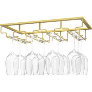 Nuovoware Wine Glass Rack, 4 Rows Wine Glass Holder Storage Hanger Metal Organizer Under Cabinet Stemware Rack for Bar Kitchen Cabinet, Nano Golden (4 Rails 1 PCS)