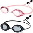 Racing Swim Goggles 2 Pack for Adult Men Women 180 Panoramic Clear View Bungee Strap Swimming Goggles No Leaking (Pink and Black)
