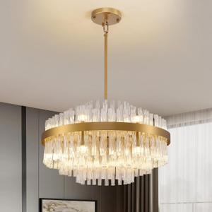 Siljoy 12 Lights Gold Crystal Chandelier for Dining Room, 23.6'' Modern 3-Tiers Raindrop Chandelier with Wave Curved Glass Rods, Luxury Dimmable Crystal Ceiling Light for Living Dining Room Kitchen, D23.6''