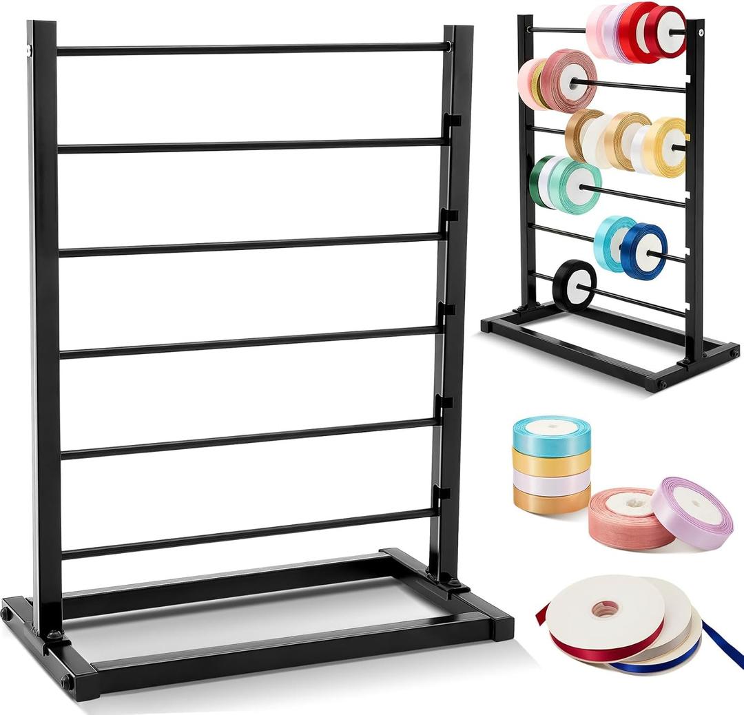 Menkxi 6 Tier Metal Ribbon Organizer Ribbon Rack Display Holder Shelf Spool Holder Storage Organizer for Sewing Craft Mesh Thread Tape Wreath Crochet Roll Cake Flower Store Wrapping Gift, Black