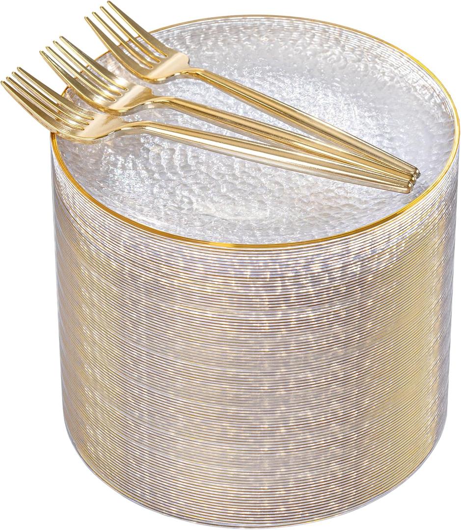 Rubtlamp 200 Pcs Clear Gold Dessert Plates with Forks, 6 inch Hammered Gold Small Disposable Plates, Fancy Appetizer Platos Include 100 Cake Plate,6 inch 100 gold Forks for Birthday, Wedding, Teatime