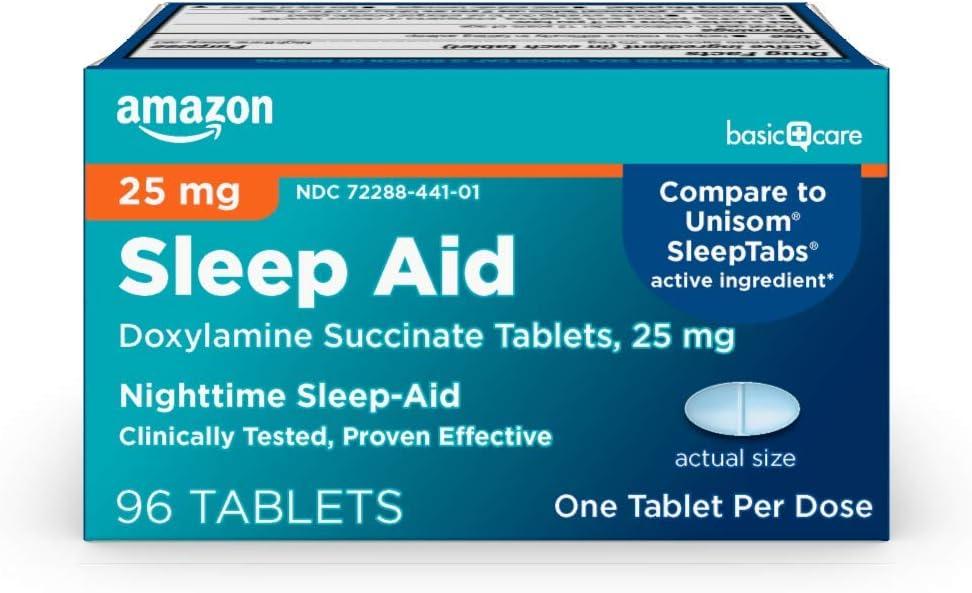 Amazon Basic Care Nighttime Sleep Aid Tablets for Adults, Doxylamine Succinate 25 mg, 96 Count, Exp Date: 2026/JAN