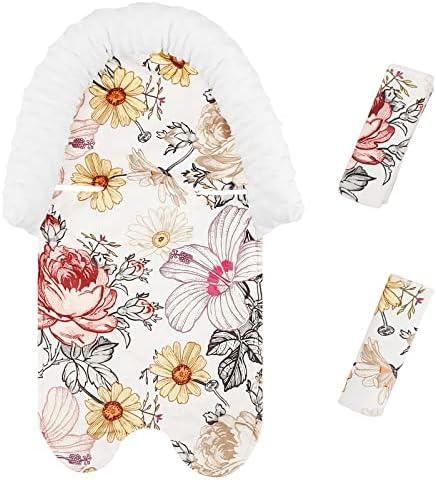 2-in-1 Baby Head Support and Strap Cover for Car Seat, Super Soft Mink Floral CarSeat Insert Cushion Headrest for Bouncers, Strollers, Swing