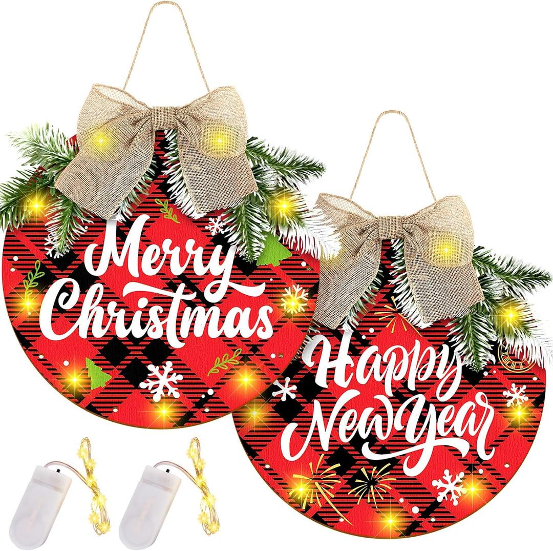 2 Sets Merry Christmas Wreaths Hanging Sign Wooden Buffalo Plaid Decorations, Welcome Wreath Sign for Front Door with Light for Farmhouse Porch and Kitchen Happy New Years Decorations (Red)