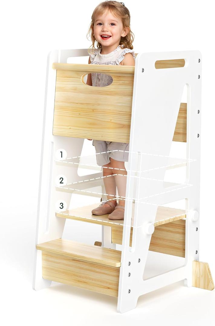 Toddler Standing Stool with Sliding Door, 3-Height Adjustable Kitchen Step Stool for Kids, Sturdy Wooden Learning Tower with Non-Slip Feet, Ages 18 Months6 Years, White