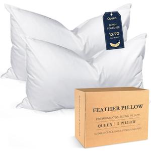 BHZ Goose Down Feather Pillows Queen Size Set of 2, Hotel Collection Bed Pillows for Sleeping Medium Firm Soft Support Pillow for Side and Back Sleepers (White)