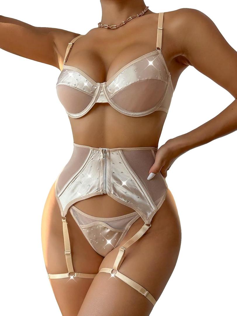 WDIRARA Women's Rhinestone Ring Linked Contrast Mesh Underwear Sleeveless Backless Lingerie Set (Small, Apricot)