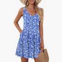 AUSELILY Women's Sleeveless V Neck Mini Dress With Drawstring Beach Cover Up Swimwear Bathing Suit Sundresses with Pockets 2025 New Floral Blue Size M