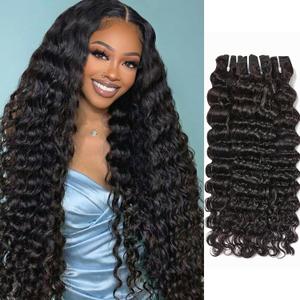 Wequeen 16A Deep Wave Water Wave Human Hair Bundles 100% Unprocessed Brazilian Virgin Hair Quick Weave Bundles Human Hair Extensions Real Human Hair,Deep Wave 22 24 26 Inch