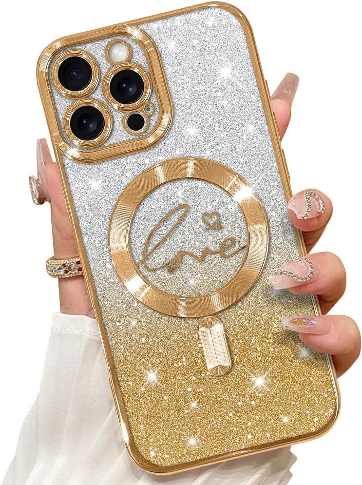ZIYE Magnetic Case for iPhone 16 Pro Max 6.9" [Compatible with MagSafe] Glitter Bling Luxury Hearts Design Cover for Women Girly, Soft TPU Shockproof Protective Case for 16 ProMax 5G 2024, Gold