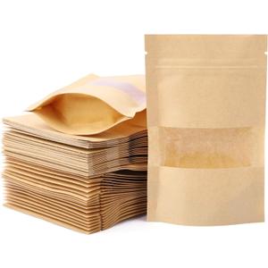 100pcs 3.5 x 5.5 inch Kraft Paper Treat Bags with Window Ziplock Stand Up Pouches for Food Storage Cookies Snacks Tea Packing