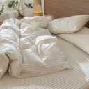 MooMee Striped Duvet Cover Set 100% Washed Cotton Linen Like Textured Breathable Durable Soft Comfy (Almond Milk Grey Classic Stripes, Queen 90"x90")