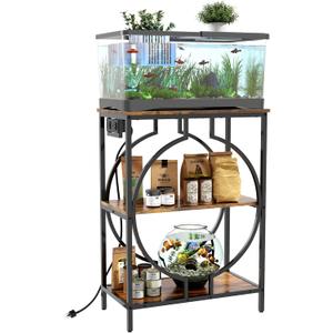 10 Gallon Aquarium Stand with Power Outlet, 3 Tier Heavy Duty Metal Fish Tank Stand with Storage, Fish Tank Table for Home Office, 21.3" x 11.8" x 29", Rustic Brown