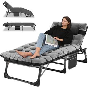 Camping Cot, Adjustable 4-Position Adults Reclining Folding Chaise with Pillow, Outdoor Portable Lounge Chair Sleeping Cots Bed, Perfect for Camping, Pool, Beach, Patio