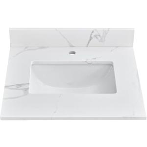 24 in. W x 22 in D Quartz Vanity Top in Calacatta Rocky, Vanity Sink Top with Assembled Single Drop-in Sink, Pre-Drilled Single Faucet Hole Countertop with 4" H Backsplash