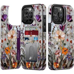 Goodon for iPhone 15 Pro Max Wallet Case with Card Holder,RFID-Blocking,Aesthetic Vintage Floral Girly Shell,Trendy Unique Cool Retro Protective Phone Cover for Women Girls - Marble Pressed Flowers