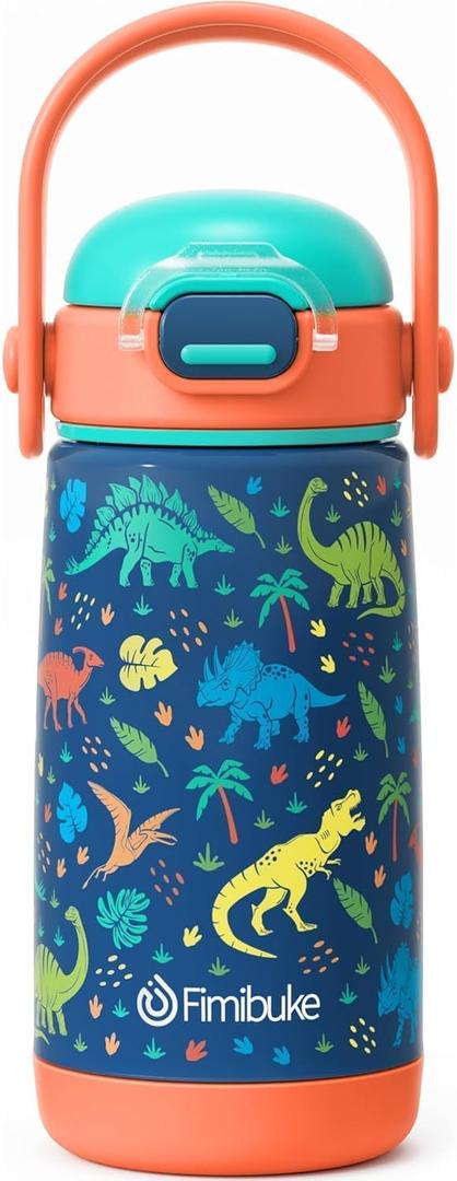 Fimibuke Kids Insulated Water Bottle with Straw Lid & Handle - 14oz BPA FREE 18/8 Stainless Steel Metal Tumbler Leak Proof Double Wall Vacuum Kids Cup Toddler Water Bottle for School Boys Girls, Dinosaur