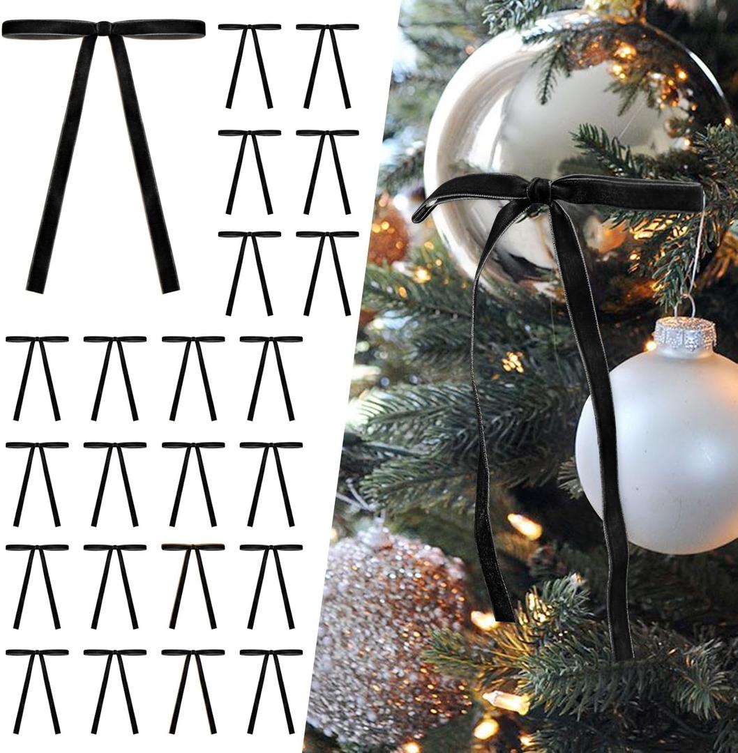 SIMISI RIBBON 24 Pcs Black Velvet Christmas Tree Bows Door Garland Decor Vintage Wreath Bow (3/8'' Wide, 5 * 7 inch)