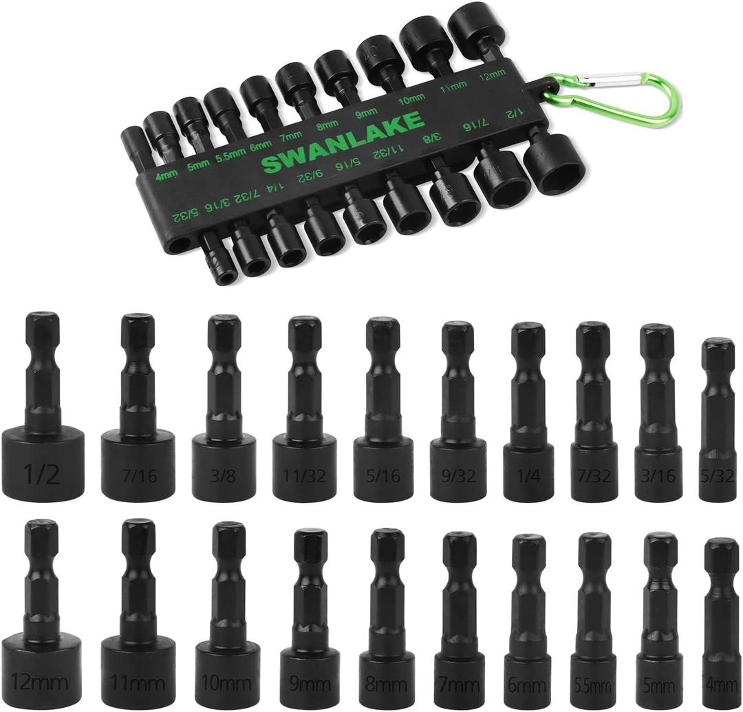 SWANLAKE 20PCS Power Nut Driver Set for Impact Drill, 1/4 Hex Head Drill Bit Set SAE and Metric