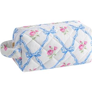 Gleyemor Cute Small Quilted Makeup Bag for Women, Floral Cotton Cosmetic Bag, Toiletry Pouch Travel Essentials Christmas Gifts (Blue Bowknot & Rose)
