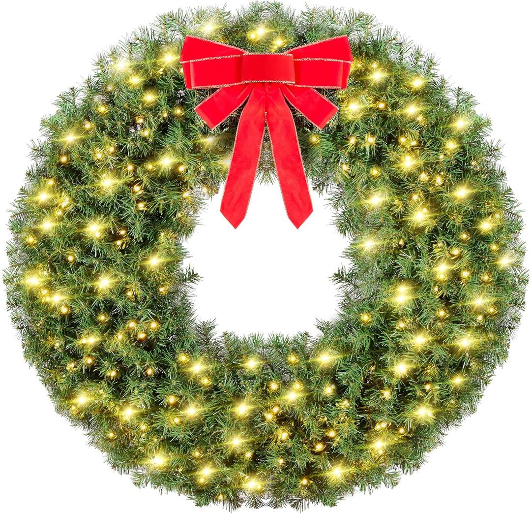 Yaheetech 48in Large Artificial Christmas Wreath, Pre-lit Holiday Accent Decoration with Red Bow, 200 LED Lights & 720 PVC Tips, Metal Structure for Door Wall & Mantel