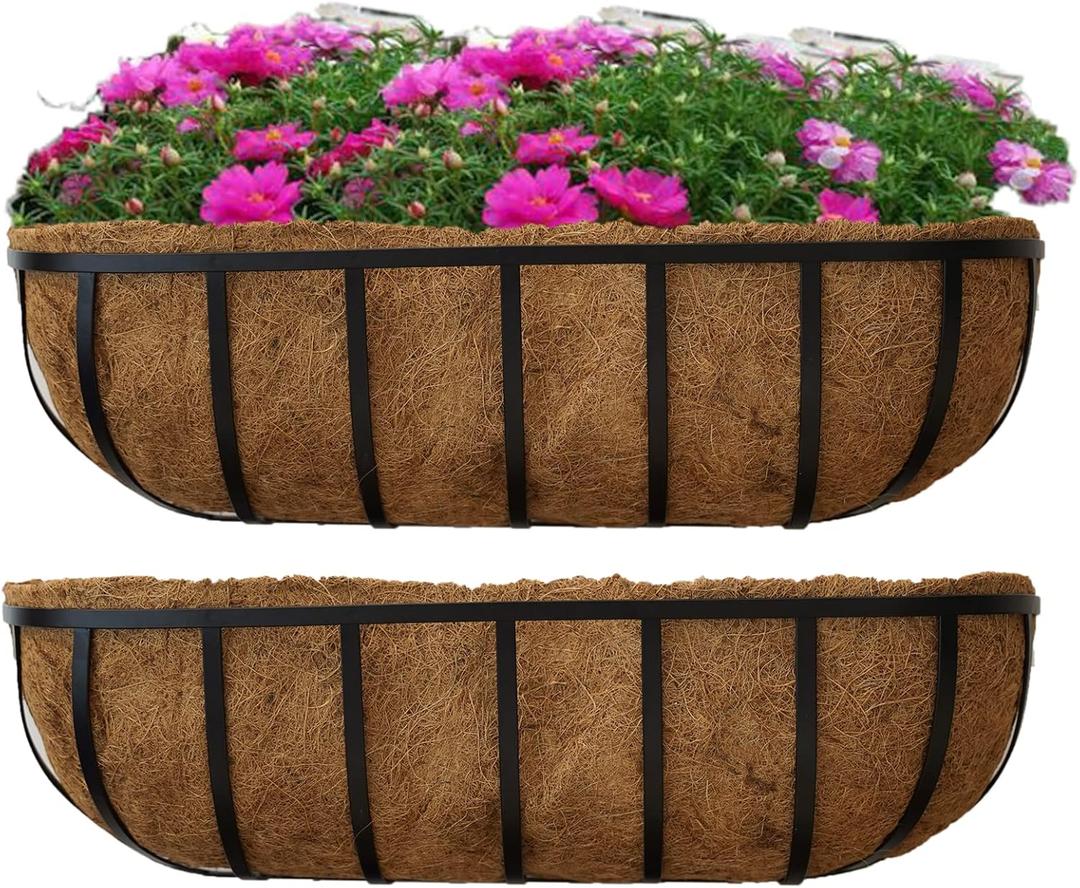 2 Packs Planter Box for Deck Railing 24" Black Metal Hanging Planter Basket with Coco Coir Liner Metal Window Planter Plant Holder Flower Pots