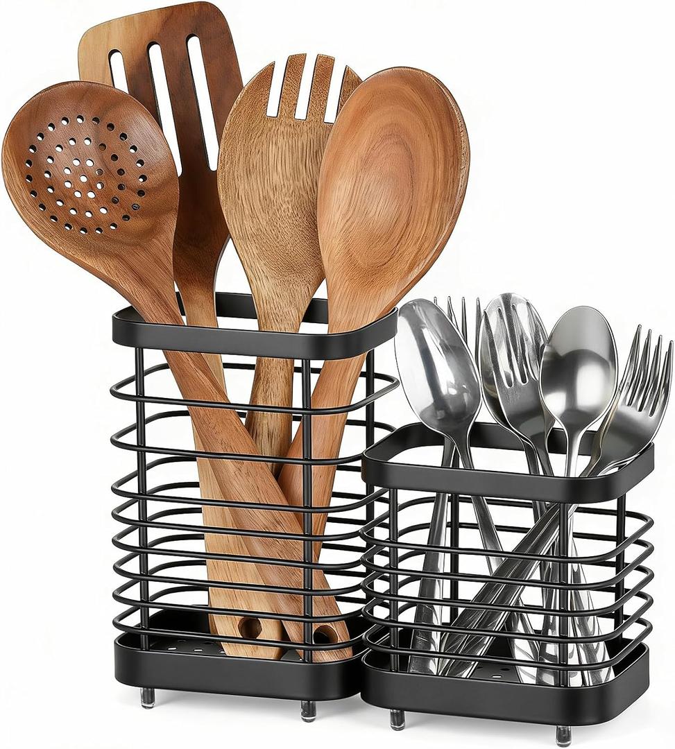 Utensil Holder, Stainless Steel Utensil Drying Rack for Kitchen Counter, Silverware Cutlery Flatware Holder Forks, Knives, Spoons, Chopsticks Organizer (Black)