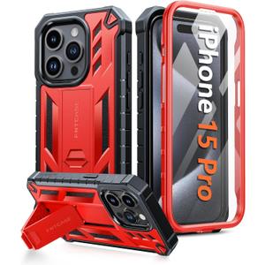 FNTCASE for iPhone 15 Pro Case: Military Grade Drop Proof Rugged Protective Cell Phone Cover with Kickstand & Built-in Protector | Matte Textured Shockproof TPU Hybrid Bumper Cases (Red)
