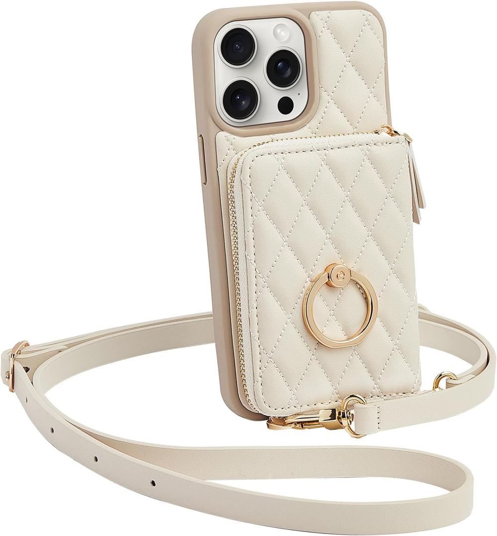 ZVE Wallet Case for iPhone 15 Pro Max with Card Holder, 360 Rotation Ring Stand Crossbody Zipper Wallet Lanyard Case for iPhone 15 Pro Max 6.7 Inch-Beige