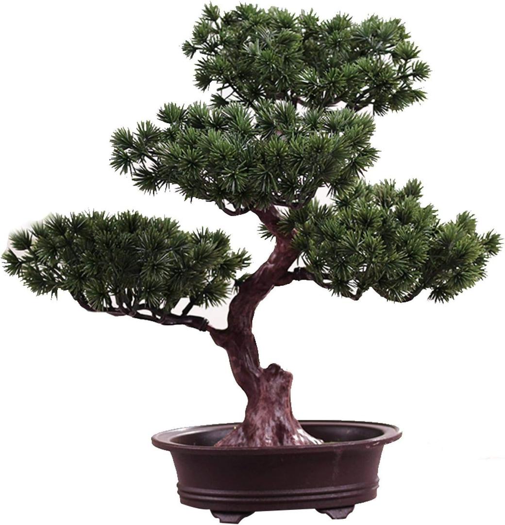 Artificial Bonsai Pine Tree, 11Inch Faux Potted Plant Desk Display Fake Tree Pot Ornaments, Japanese Cedar Bonsai Plant for Home, Office Decoration (Dark Green)