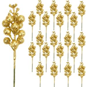 DIYASY Glitter Gold Berry Stems,20 Pcs 7.8 Inch Artificial Christmas Tree Picks Decoration and Christmas Tree Filler Ornaments,DIY Xmas Wreath, Holiday and Home Dcor