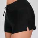Womens Low Rise Drawstring Swim Shorts, Boyshort Board Shorts with Liner | Bikini Tankini bottoms, Quick Dry, Sun Protection, Swimming, Surfing, Beach (Black, S)