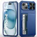 BXYJY for iPhone 15 Wallet Case with Screen Protector (Tempered Glass), Card Holder (4-5 Cards), Slide Camera Cover, Military Grade Drop Protection, Men Women Hard Case for iPhone 15, Blue