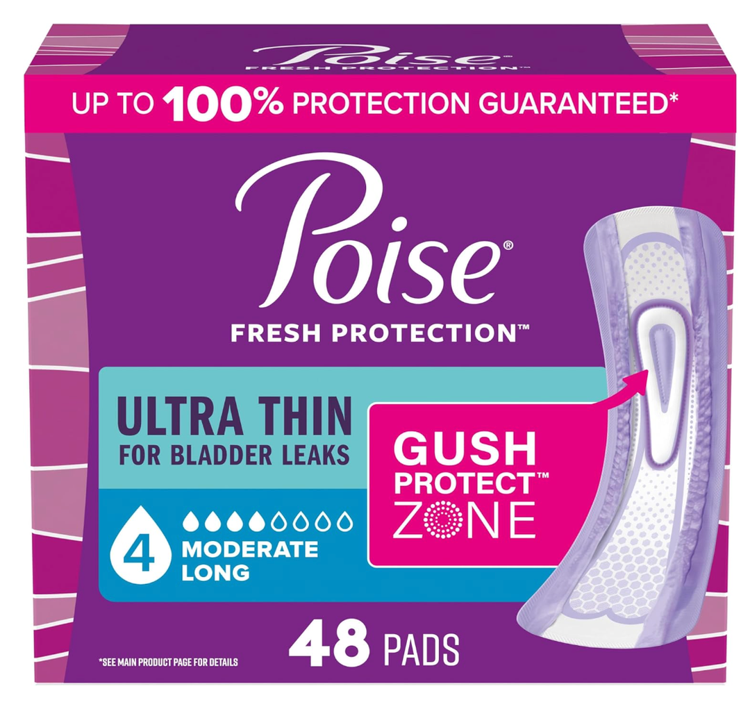 Poise Ultra Thin Incontinence & Postpartum Pads for Bladder Leaks, 4 Drop Moderate Absorbency, Long Length, 48 Count 